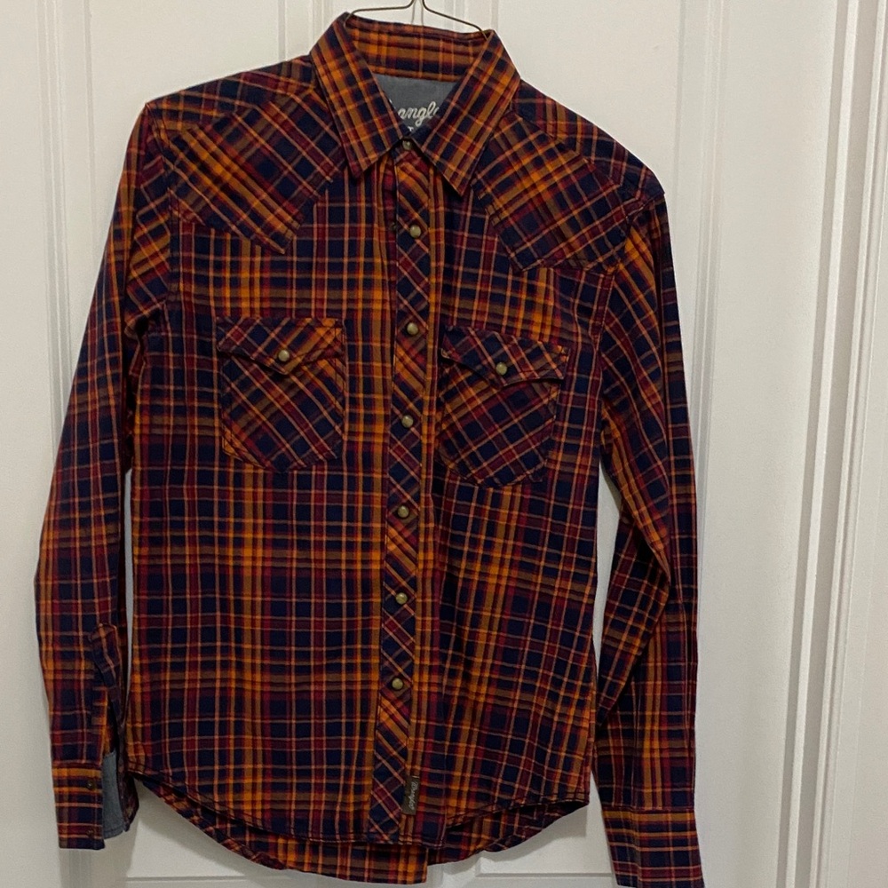 Wrangler Men's Orange and Blue Plaid Shirt